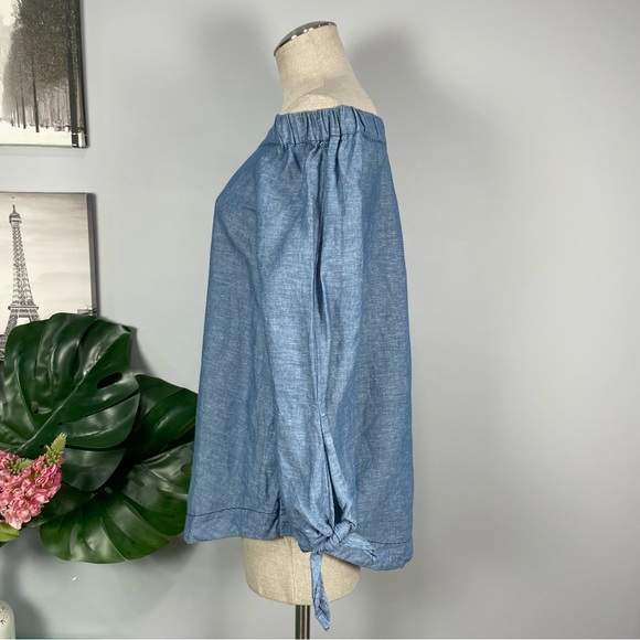 Free People linen/cotton Show Me Some Shoulder chambray blouse Sz XS - Picture 11 of 13